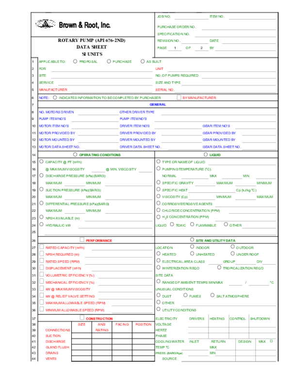 API 676 Rotary Pump Data Sheet SI Brown Root
