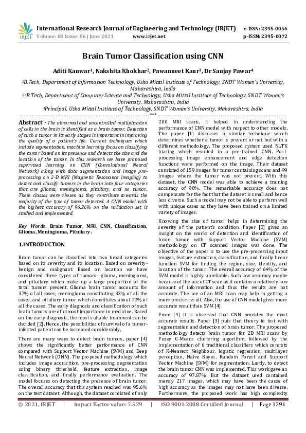 (PDF) IRJET- Brain Tumor Classification using CNN