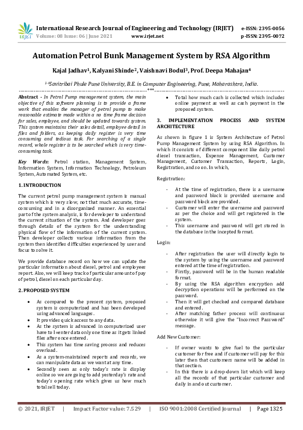(PDF) Automation Petrol Bunk Management System by RSA Algorithm IRJET