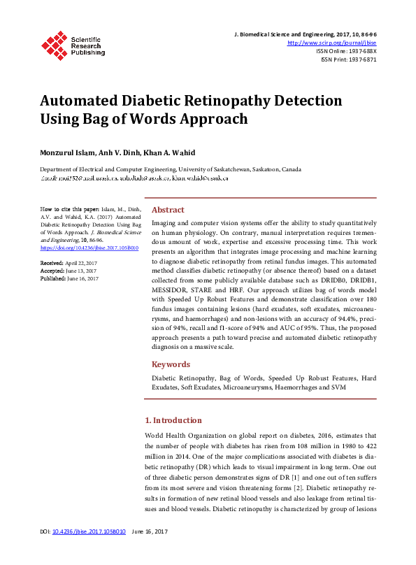 (PDF) Automated Diabetic Retinopathy Detection Using Bag of Words Approach