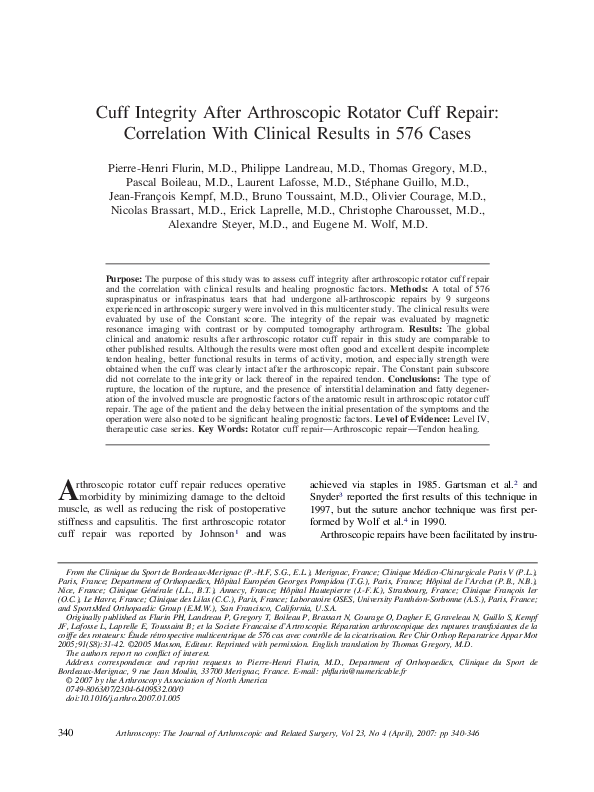 (PDF) Cuff integrity after arthroscopic rotator cuff repair ...