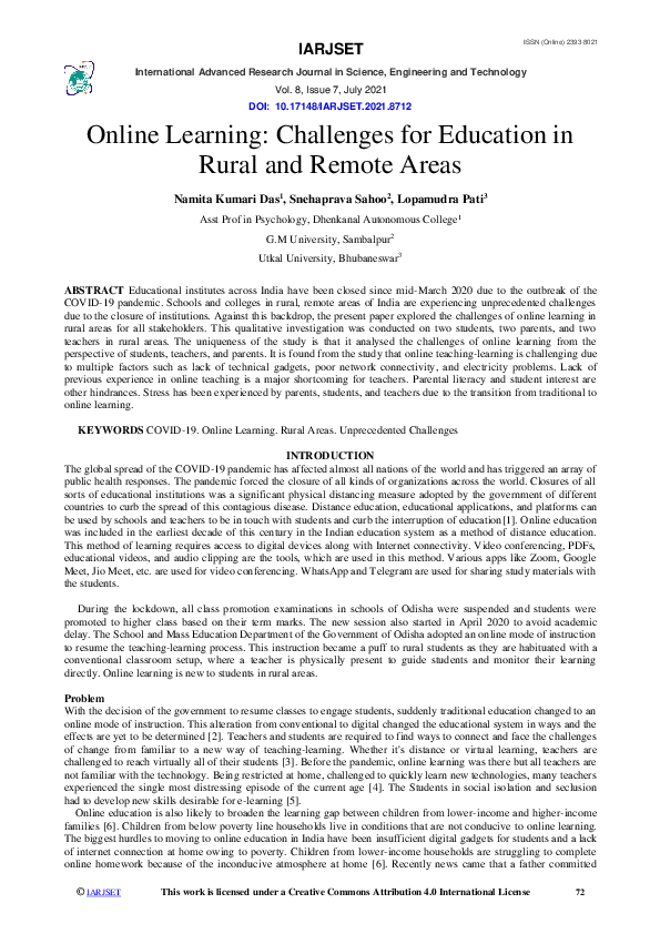 (PDF) Online Learning: Challenges for Education in Rural and Remote Areas