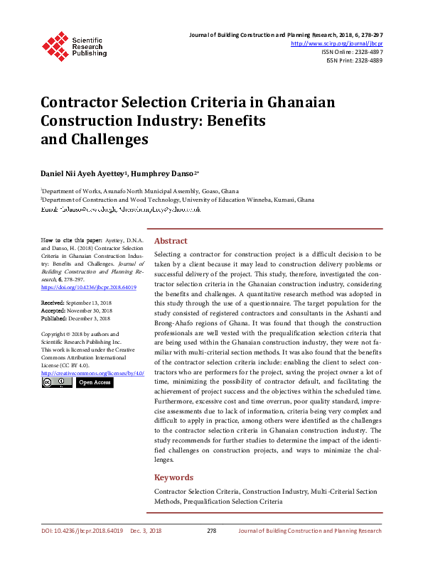 Pdf Contractor Selection Criteria In Ghanaian Construction Industry