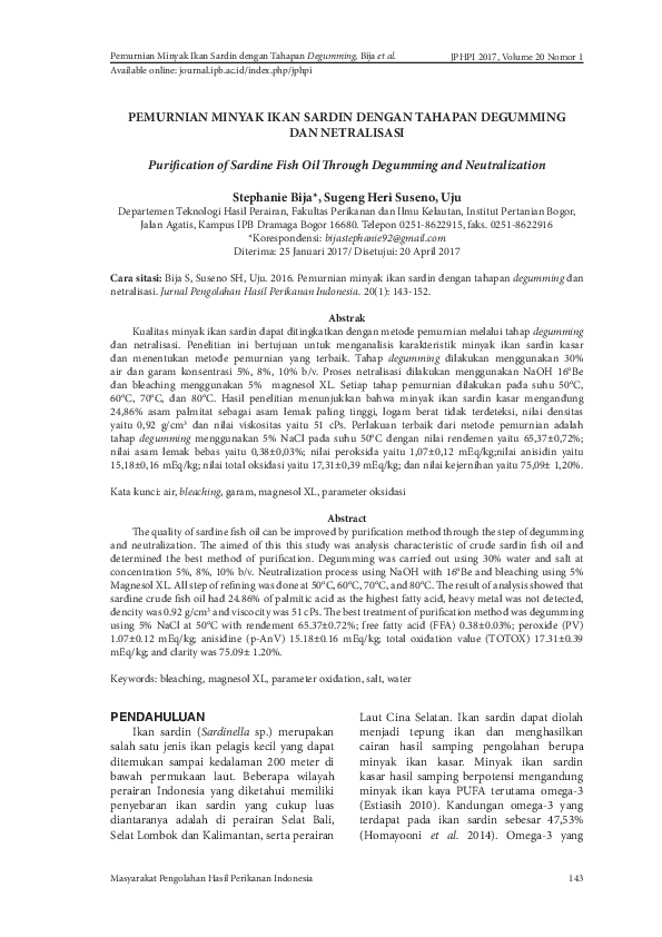 (PDF) Purification of Sardine Fish Oil Through Degumming and Neutralization
