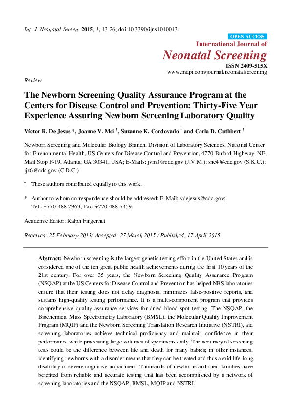(PDF) The Newborn Screening Quality Assurance Program at the Centers ...