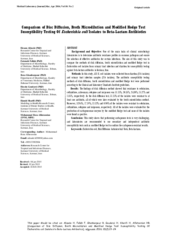 (PDF) Comparison of Disc Diffusion, Broth Microdilution and Modified ...