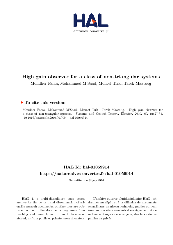 (PDF) High gain observer for a class of non-triangular systems