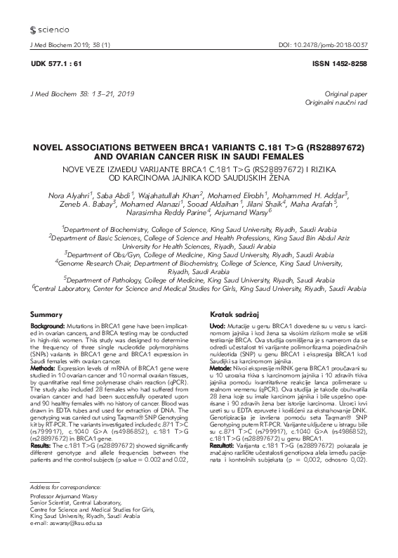 (PDF) Novel Associations Between Brca1 Variants C.181 T>G (Rs28897672 ...