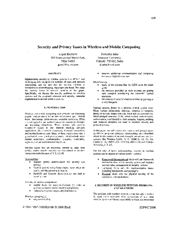 (PDF) Security and privacy issues in wireless and mobile computing