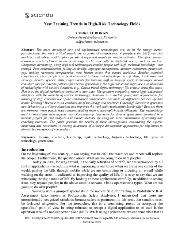 (PDF) New Training Trends in High-Risk Technology Fields