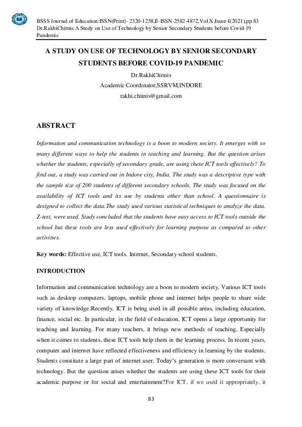 (PDF) A STUDY ON USE OF TECHNOLOGY BY SENIOR SECONDARY STUDENTS BEFORE ...
