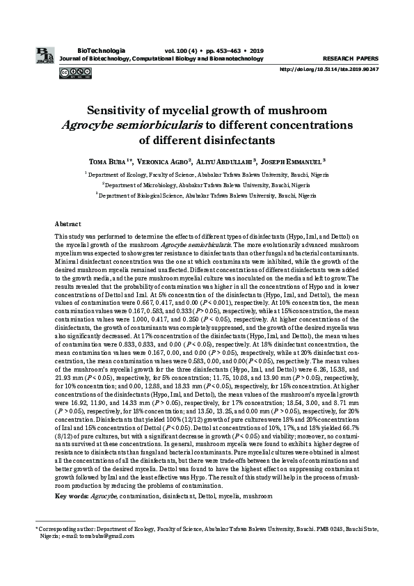 (PDF) Sensitivity of mycelial growth of mushroom Agrocybe ...