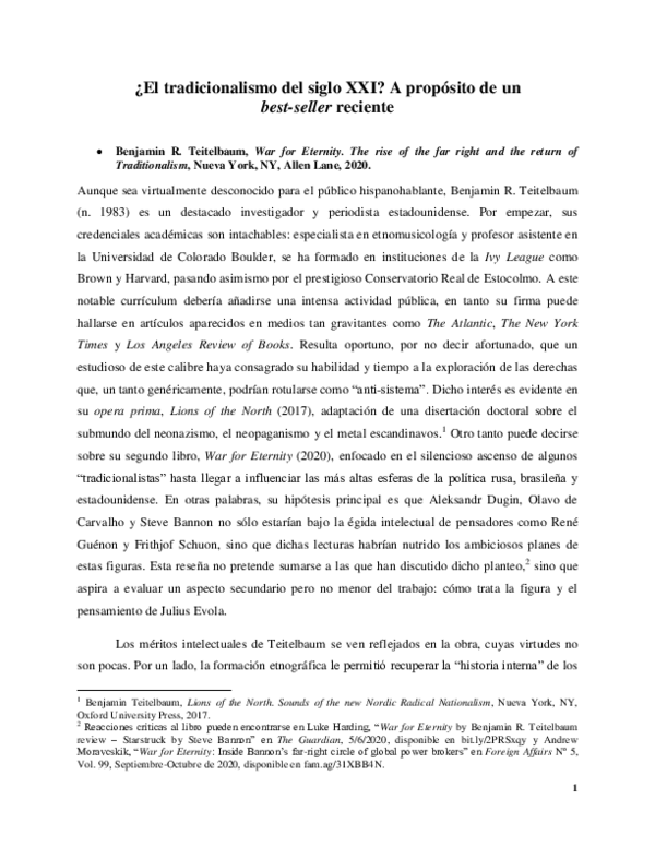 (PDF) Reseña de: War for Eternity. The rise of the far right and the ...