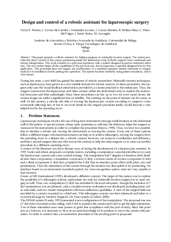 (PDF) Design and control of a robotic assistant for laparoscopic surgery