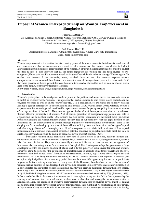 (PDF) Impact of Women Entrepreneurship on Women Empowerment in Bangladesh