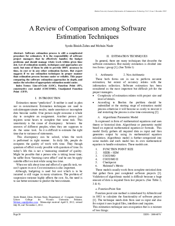 (PDF) A Review of Comparison among Software Estimation Techniques