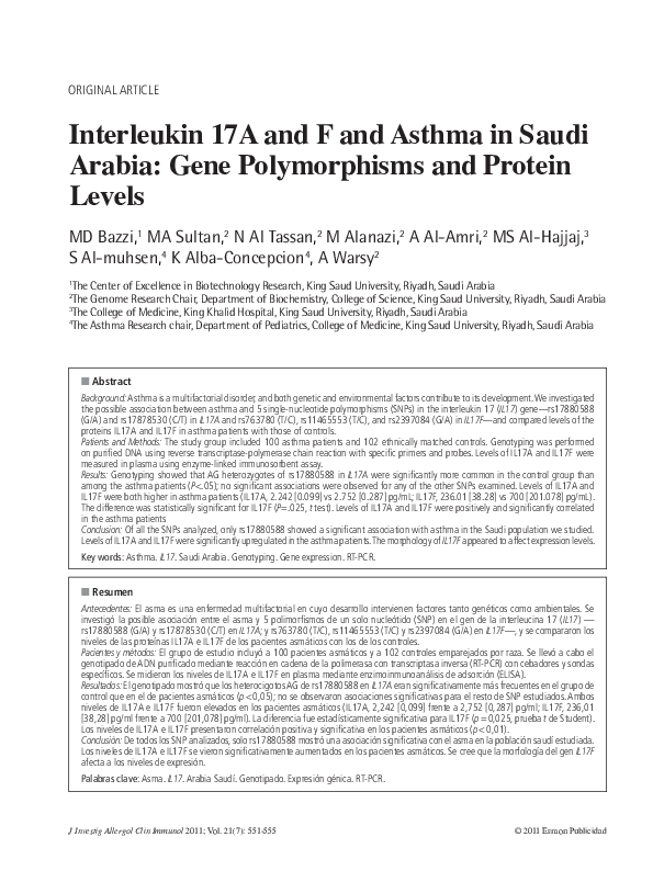 (PDF) Interleukin 17A and F and Asthma in Saudi Arabia: Gene ...