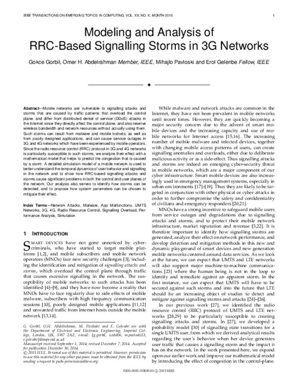 (PDF) Modeling and Analysis of RRC-Based Signalling Storms in 3G Networks