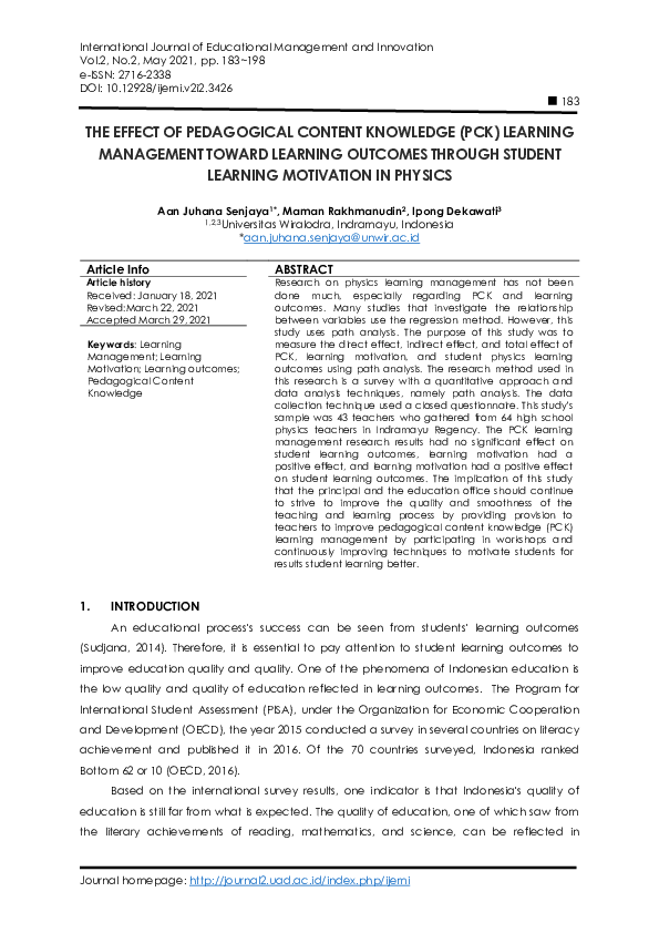 (PDF) THE EFFECT OF PEDAGOGICAL CONTENT KNOWLEDGE (PCK) LEARNING ...