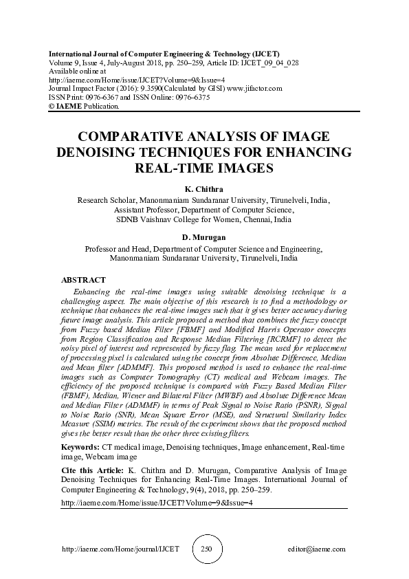 (PDF) COMPARATIVE ANALYSIS OF IMAGE DENOISING TECHNIQUES FOR ENHANCING ...