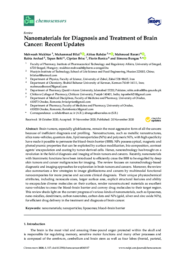 (PDF) Nanomaterials for Diagnosis and Treatment of Brain Cancer: Recent ...