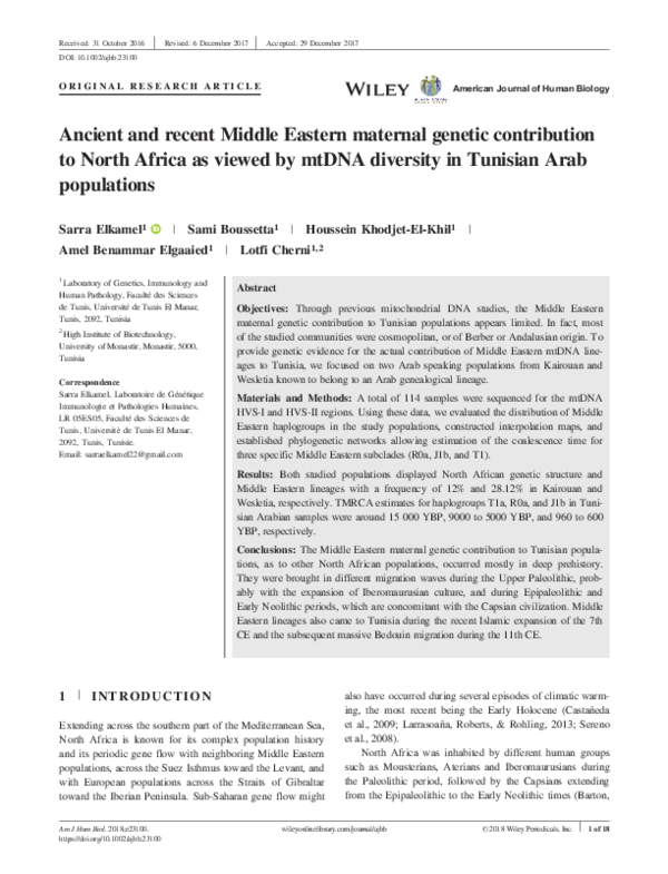 (PDF) Ancient and recent Middle Eastern maternal genetic contribution ...