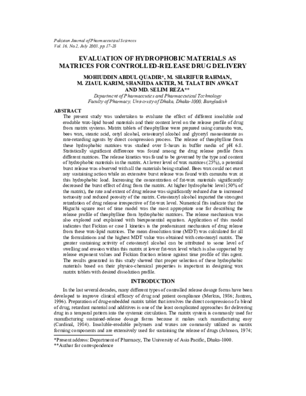 (PDF) Evaluation of hydrophobic materials as matrices for controlled