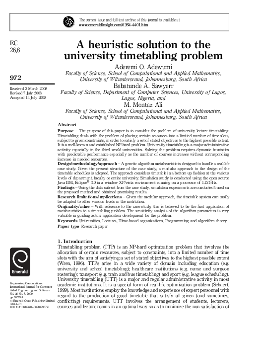 (PDF) A heuristic solution to the university timetabling problem