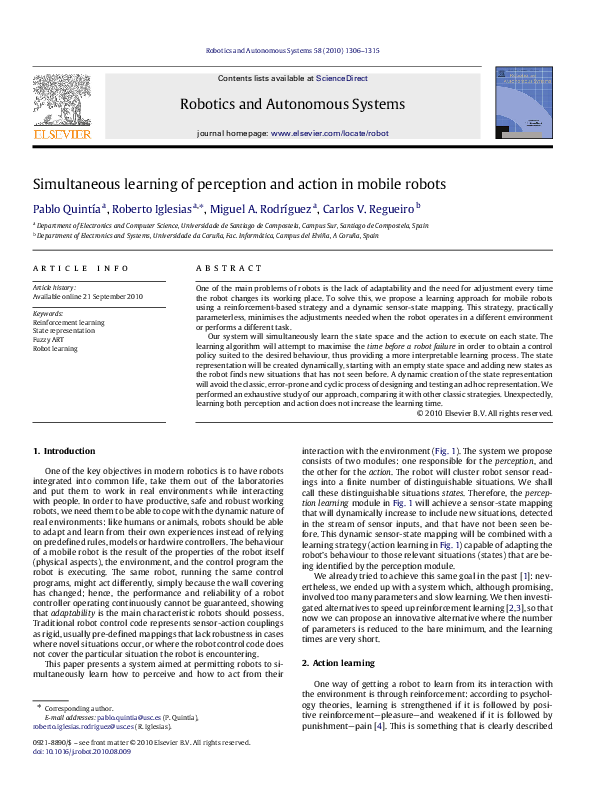 (PDF) Simultaneous learning of perception and action in mobile robots