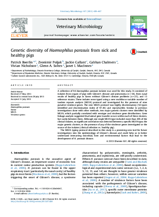(PDF) Genetic diversity of Haemophilus parasuis from sick and healthy pigs