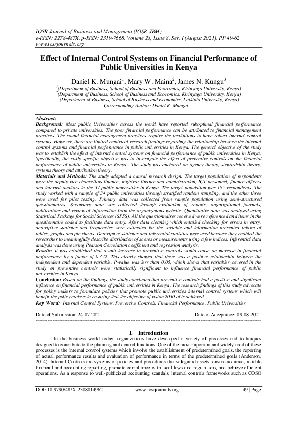 (PDF) Effect of Internal Control Systems on Financial Performance of ...