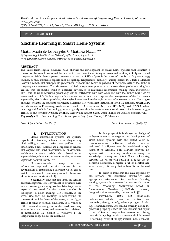 (PDF) Machine Learning in Smart Home Systems