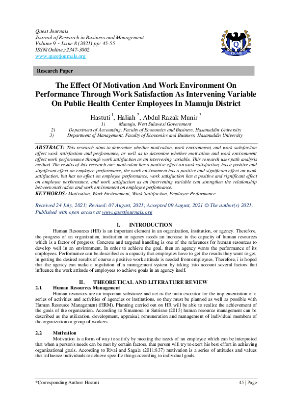 (PDF) The Effect Of Motivation And Work Environment On Performance ...