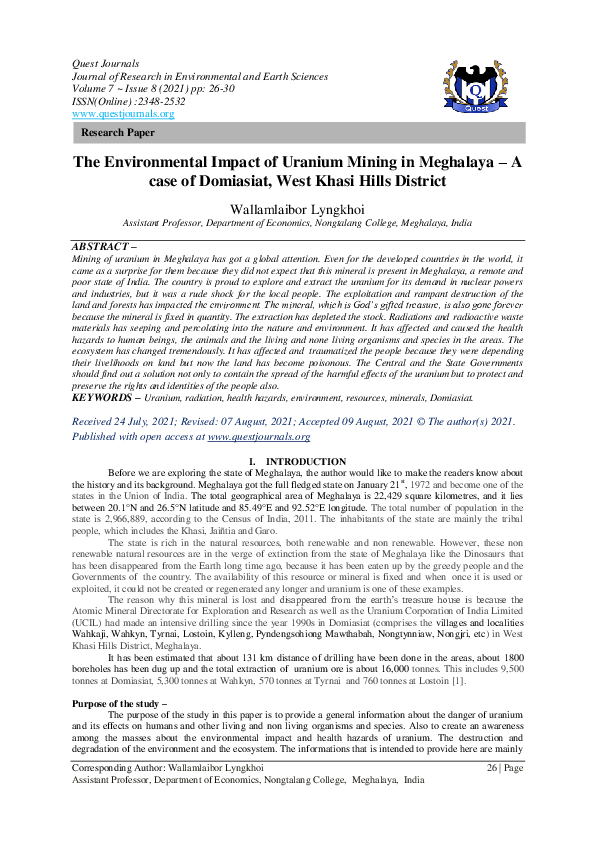 (PDF) The Environmental Impact of Uranium Mining in Meghalaya -A case ...