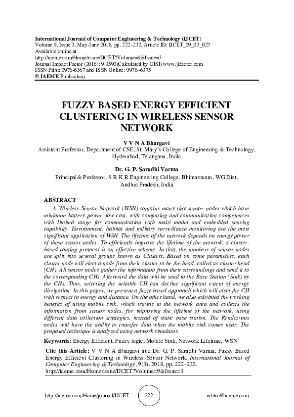 (PDF) FUZZY BASED ENERGY EFFICIENT CLUSTERING IN WIRELESS SENSOR NETWORK