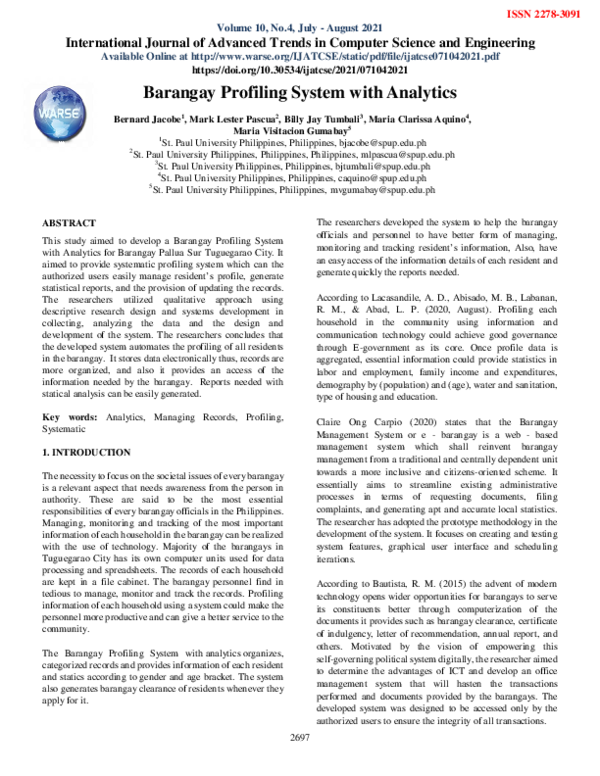 (PDF) Barangay Profiling System with Analytics