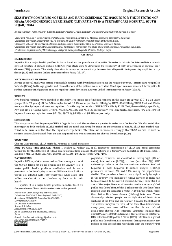 (PDF) SENSITIVITY COMPARISON OF ELISA AND RAPID SCREENING TECHNIQUES ...