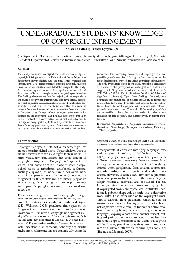 (PDF) Undergraduate Students’ Knowledge of Copyright Infringement