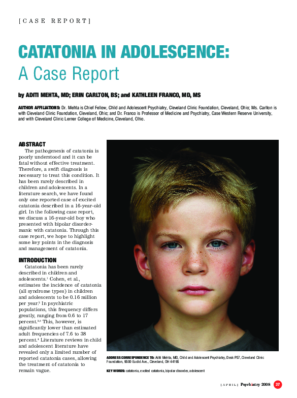 (PDF) Catatonia in Adolescence A Case Report Aditi Jhota Mehta