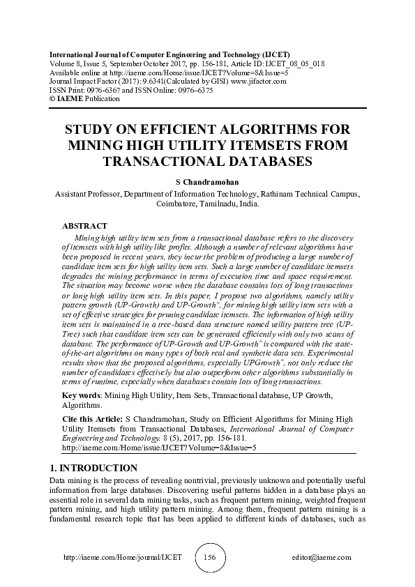(PDF) STUDY ON EFFICIENT ALGORITHMS FOR MINING HIGH UTILITY ITEMSETS ...