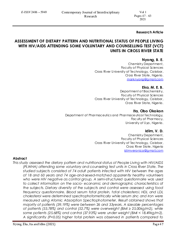 (PDF) ASSESSMENT OF DIETARY PATTERN AND NUTRITIONAL STATUS OF PEOPLE ...