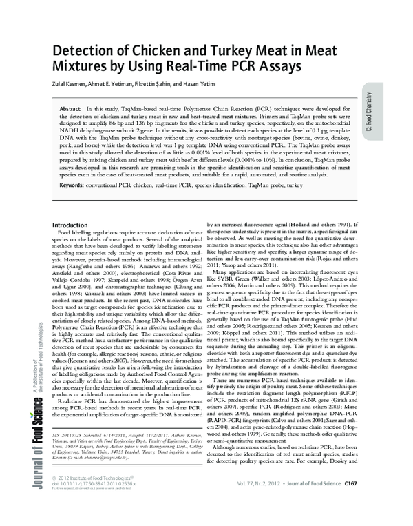 (PDF) Detection of Chicken and Turkey Meat in Meat Mixtures by Using ...