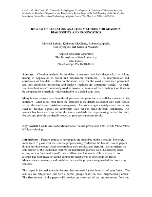(PDF) Review of Vibration Analysis Methods for Gearbox Diagnostics and