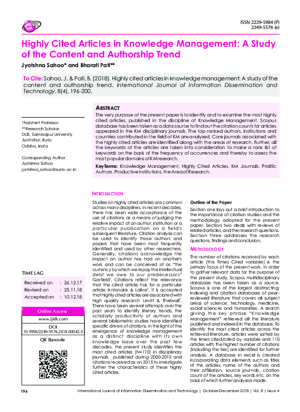 (PDF) Highly Cited Articles in Knowledge Management: A Study of the ...