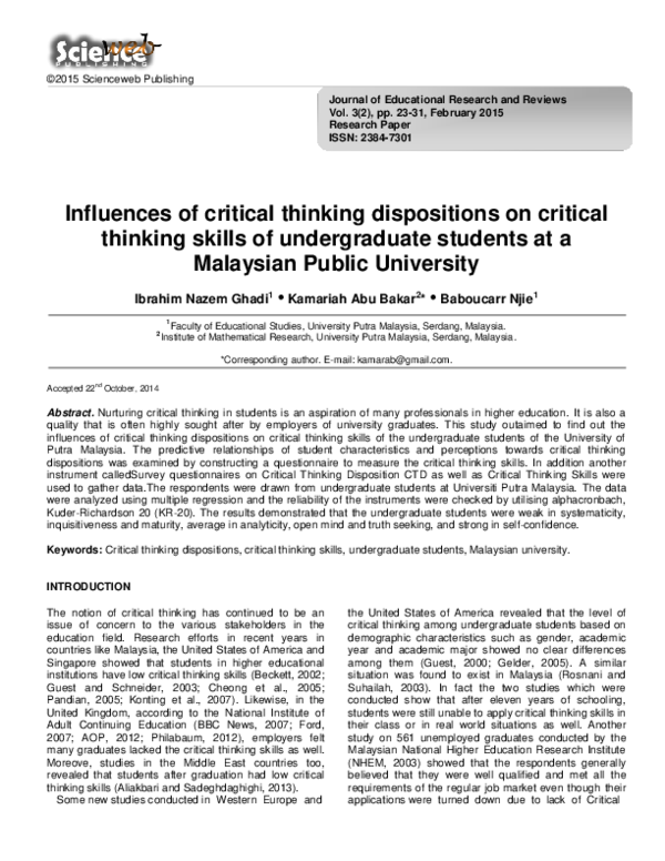 (PDF) Influences of critical thinking dispositions on critical thinking ...