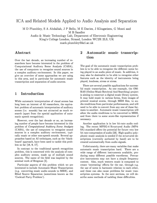 (PDF) ICA and related models applied to audio analysis and separation