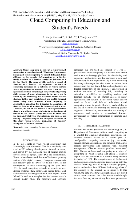 (PDF) Cloud computing in education and student's needs