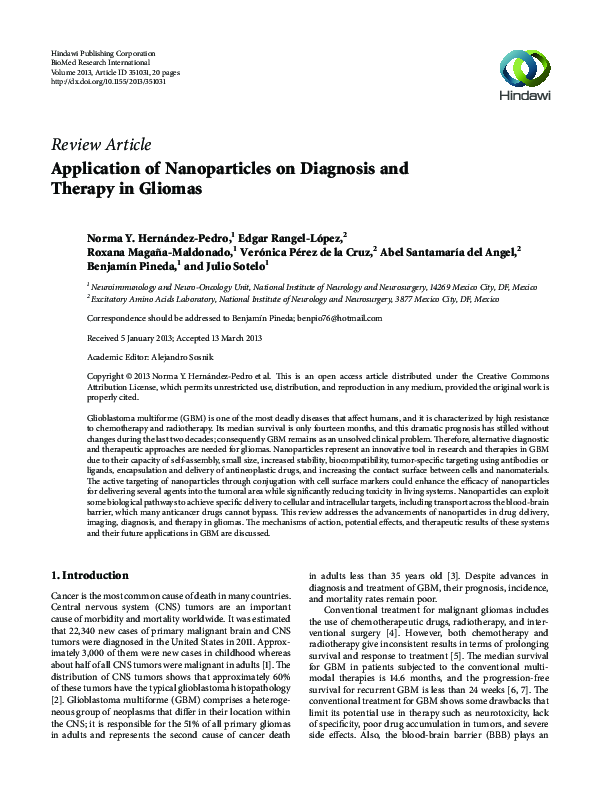(PDF) Application of Nanoparticles on Diagnosis and Therapy in Gliomas