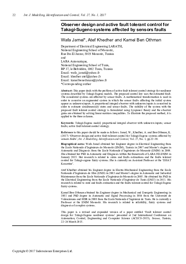 (PDF) Observer design and active fault tolerant control for Takagi ...