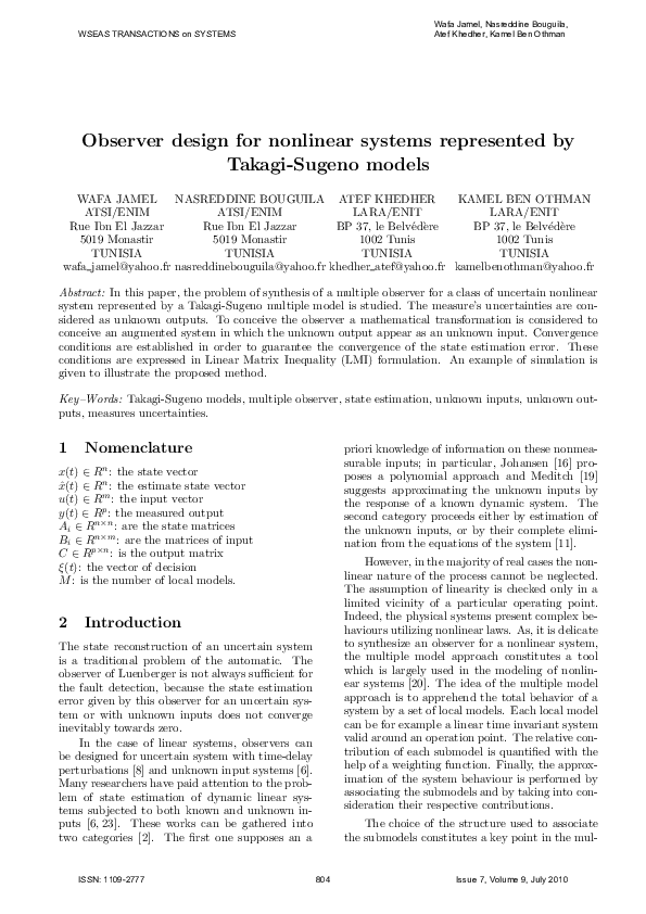 (PDF) Observer design for nonlinear systems represented by Takagi ...